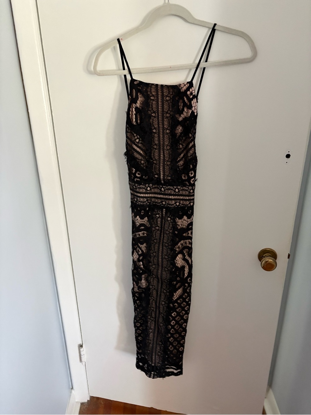 Lulu's Black Lace Midi Dress with Nude Underlay
